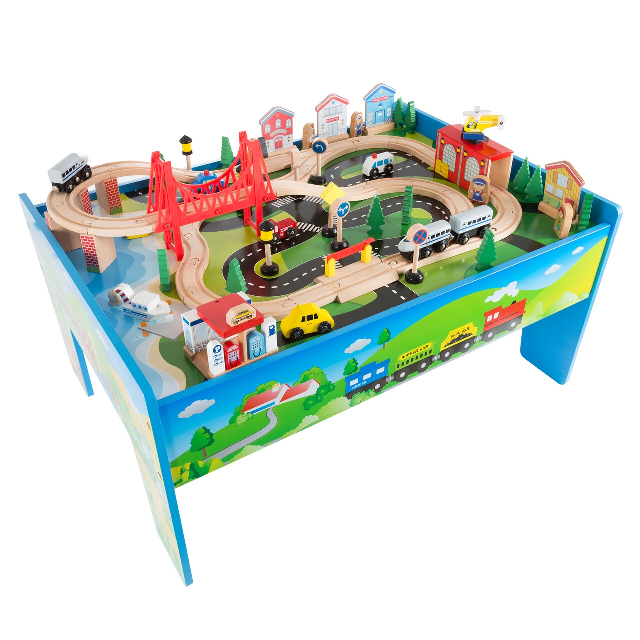 Hey! Play! Wooden Train Set 75 Pc Toddler Table 32X23 No Batteries Road Water Scene